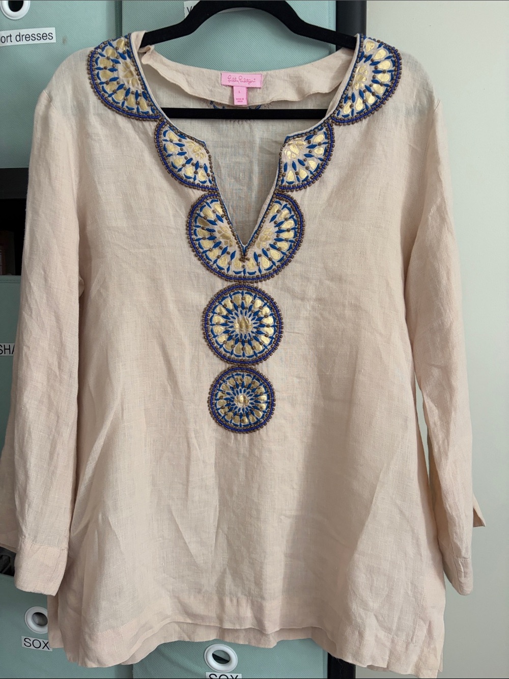 Lilly Pulitzer Cream Linen Tunic with Blue & Yellow Embroidery